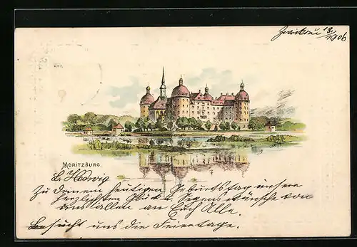 Lithographie Moritzburg, Jagdschloss mit Schlossteich