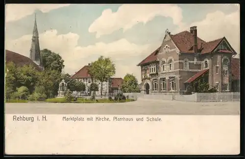 AK Rehburg i. H., Marktplatz mit Kirche, Pfarrhaus und Schule