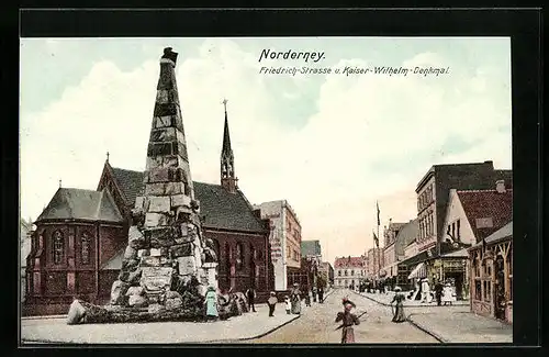 AK Norderney, Friedrich-Strasse und Kaiser-Wilhelm-Denkmal