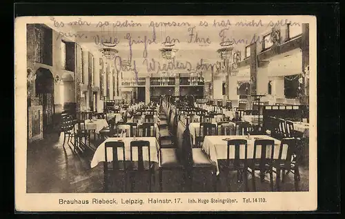 AK Leipzig, Gasthof Brauhaus Riebeck in der Hainstrasse 17, Innenansicht