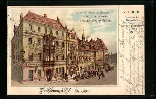 Künstler-AK Leipzig, Gasthaus Thüringer Hof aus der Vogelschau