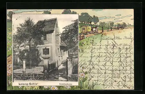 Passepartout-AK Leipzig-Gohlis, Schillerhaus, Landschaft mit Kutsche
