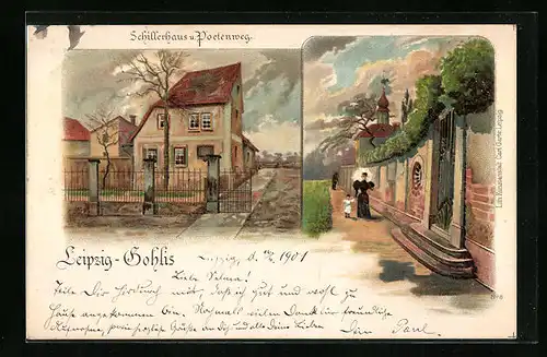 Künstler-AK Leipzig-Gohlis, Schillerhaus, Poetenweg