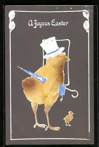 Künstler-AK Fröhliche Ostern, Osterküken mit Zylinder und Schirm
