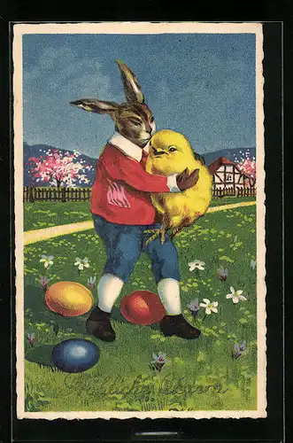 Künstler-AK Osterhase mit Osterküken zum Feste