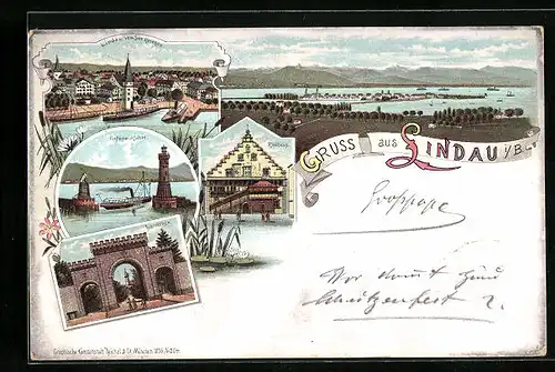 Lithographie Lindau i. B., Rathaus, Hafeneinfahrt, Landtor