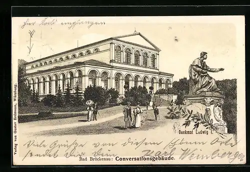 Lithographie Bad Brückenau, Konversationsgebäude und Denkmal Ludwig I.