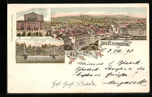Lithographie Bayreuth, Teilansicht, Theater, Eremitage