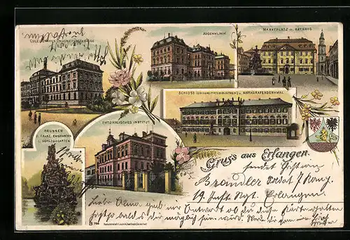 Lithographie Erlangen, Collegienhaus und Universitätsgebäude, Augenklinik, Physikalisches Institut