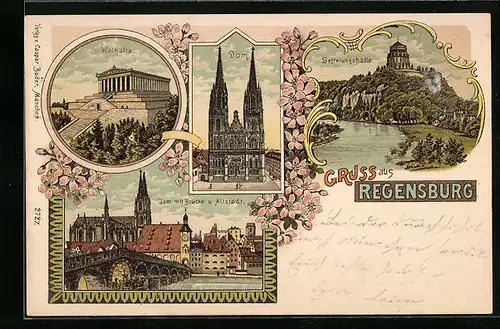 Lithographie Regensburg, Befreiungshalle, Walhalla, Dom mit Brücke und Altstadt