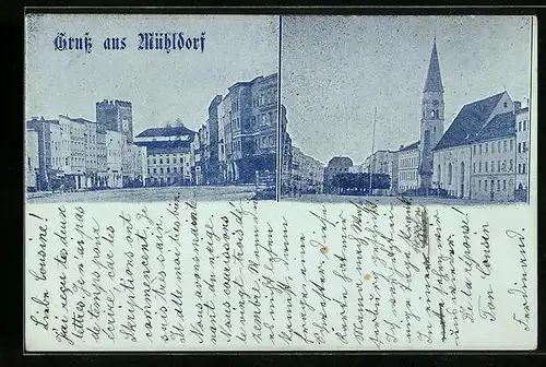 AK Mühldorf, Strassenpartie mit Kirche und Denkmal, Ortspartie