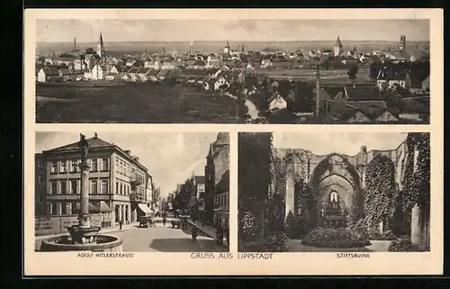 AK Lippstadt, Teilansicht, Stiftsruine, strasse mit Brunnen