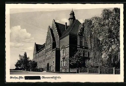 AK Riesa /Elbe, Oberrealschule von der Strasse gesehen