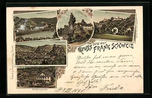 Lithographie Neumühle b. Rabenstein, Behringermühle, Tüchersfeld, Pottenstein, Schüttersmühle