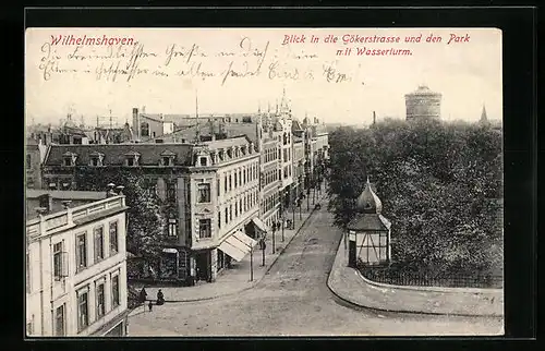 AK Wilhelmshaven, Blick in die Gökerstrasse und den Park mit Wasserturm