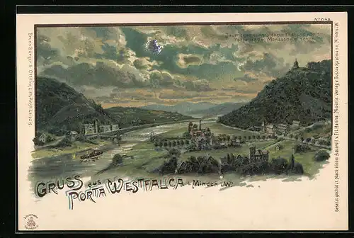 Mondschein-Lithographie Porta Westfalica b. Minden, Totalansicht mit Kaiser-Wilhelm-Denkmal