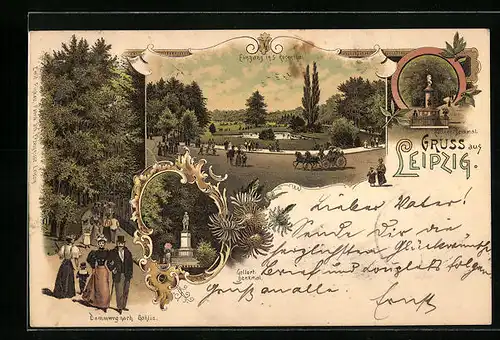 Lithographie Leipzig, Dammweg nach Gohlis, Rosenthal, Gellert-Denkmal und Zöllner-Denkmal