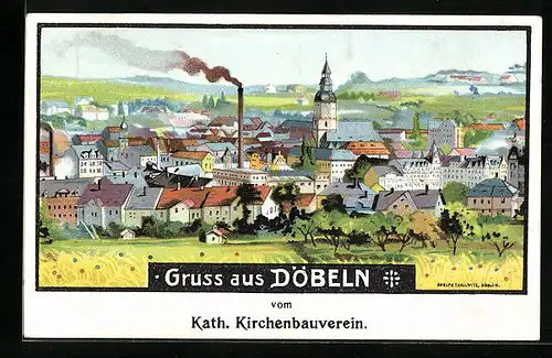 Künstler-AK Döbeln, Totalansicht aus der Ferne