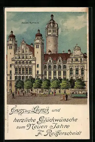 Lithographie Leipzig, Neues Rathaus mit Neujahrswünschen