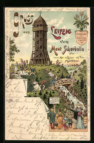 Lithographie Leipzig, Mont Scherbelio mit Besuchern