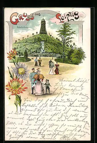 Lithographie Leipzig, Scherbelberg mit Besuchern
