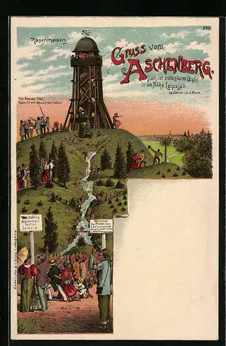 Lithographie Leipzig, Aschenberg, Höchster ersteigbarer Gipfel in der Nähe Leipzig`s