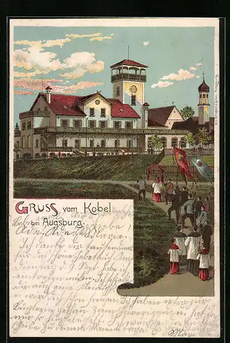 Lithographie Augsburg, Kobel mit Kirche und Prozession