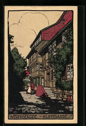 Steindruck-AK Wernigerode, Klintgasse mit Häuseransicht