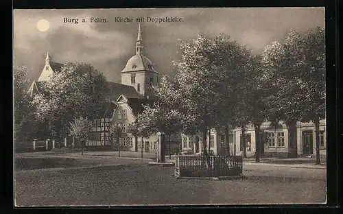 Mondschein-AK Burg a. Fehm., Kirche mit Doppeleiche