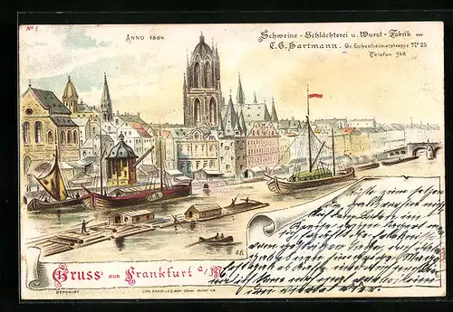 Lithographie Frankfurt a. M., Hafen mit Segelschiffen