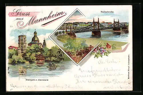 Lithographie Mannheim, Stadtpark mit Sternwarte, Neckarbrücke