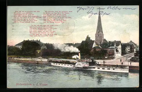 AK Holzminden a. d. Weser, Flusspartie mit Dampfschiff MS Kronprinz Wilhelm und Blick zur Kirche