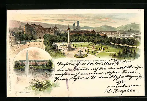 Lithographie Stuttgart, Schlossplatz aus der Vogelschau, Anlagensee