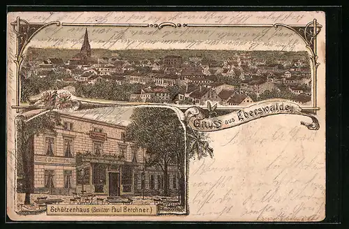 Lithographie Eberswalde, Gasthof Schützenhaus, Totalansicht aus der Vogelschau