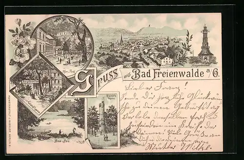 Lithographie Bad Freienwalde a. O., Restaurant Zur grünen Tanne, Kur-Park, Bismarck-Turm