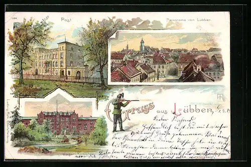 Lithographie Lübben, Jäger-Kaserne, Post, Panorama