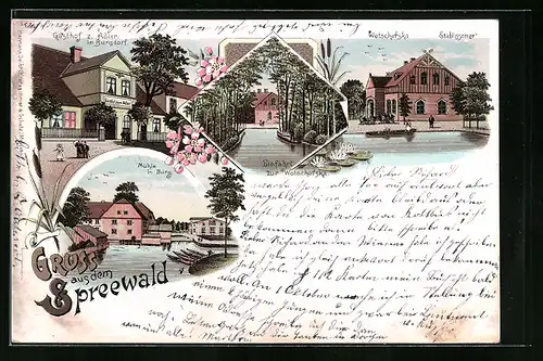 Lithographie Burg /Spreewald, Gasthof zum Adler, Gasthaus Wotschofska, Einfahrt zur Wotschofska