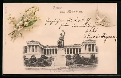 Künstler-AK München, Bavaria mit Ruhmeshalle, Maiglöckchen und weisse Schwalbe, Private Stadtpost