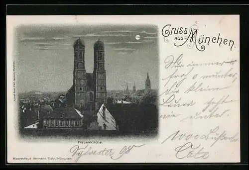 Mondschein-AK München, Teilansicht mit Frauenkirche aus der Vogelschau, Private Stadtpost