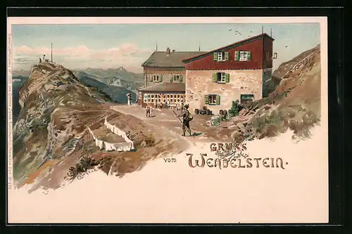 Künstler-AK Edward Theodore Compton: Wanderer an der Berghütte Wendelstein