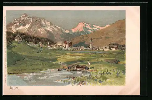 Künstler-AK Edward Theodore Compton: Igls, Ortspanorama mit Umgebung und Bergblick