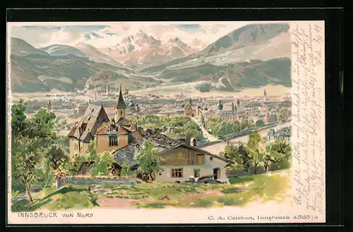 Künstler-AK Edward Theodore Compton: Innsbruck, Ortsansicht von Nord aus der Vogelschau