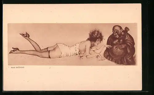 Künstler-AK Max Brüning: Der Glücksgott - Leichtbekleidete junge Dame mit Buddha-Figur