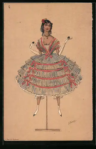 Künstler-AK sign. Bakst: Flamenco-Puppe mit Kastagnetten im gerüschten Reifrock, Rotes Kreuz Russland