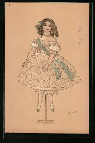 Künstler-AK sign. Bakst: Puppe mit grossen Augen und blauem Schärpenband im Reifrock, Rotes Kreuz Russland