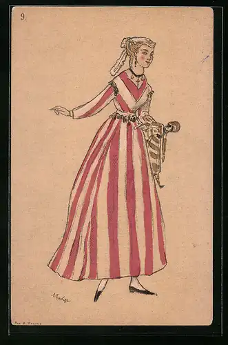 Künstler-AK sign. Bakst: Junge Dame mit Puppe in der Hand in einem rotweiss gestreiften Kleid, Rotes Kreuz Russland