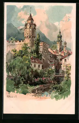 Künstler-AK Edward Theodore Compton: Hall i. T., Schloss und Kirche vor Bergkulisse