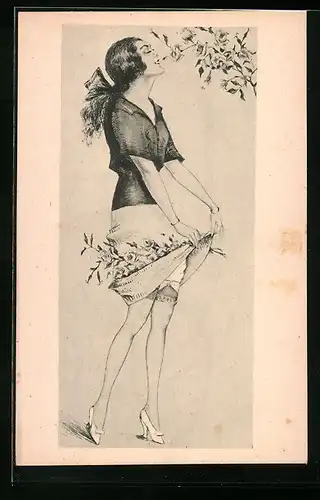 Künstler-AK Max Brüning: Junge Frau mit gesammelten Rosen im Rock geniesst Blütenduft