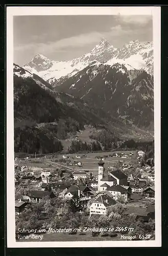 AK Schruns im Montafon, Teilansicht mit Kirche und Zimbaspitze