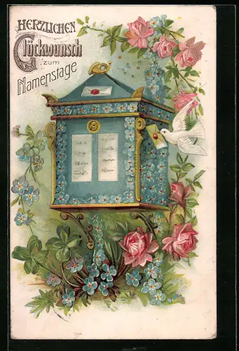 Präge-AK Blumengeschmückter Briefkasten und Brieftaube mit Brief, Namenstagsgruss